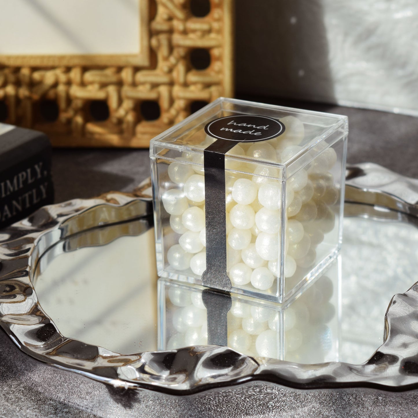 Pearl Beeswax Candle Pearls Gift Set Crystal Glass Jar, Refillable