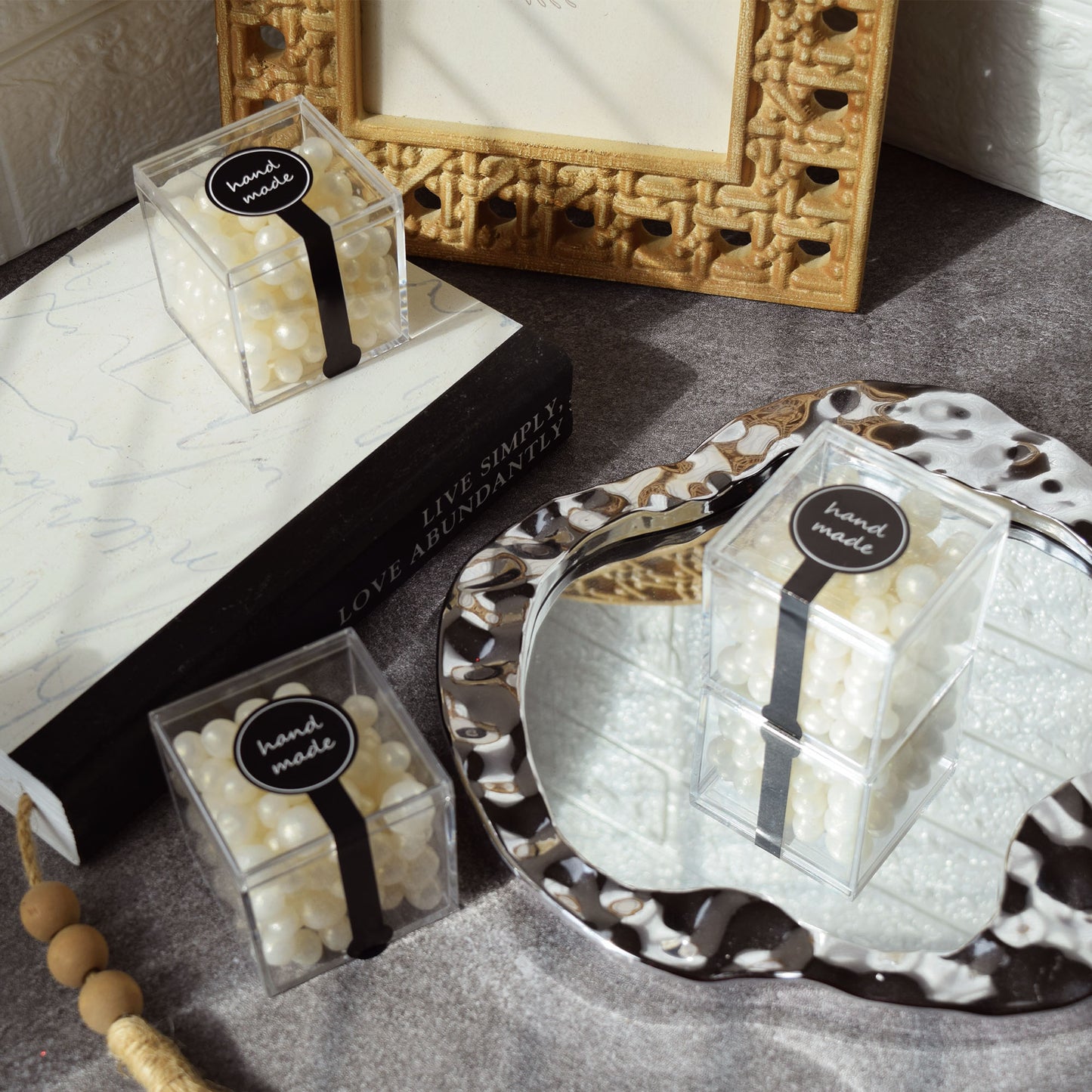 Pearl Beeswax Candle Pearls Gift Set Crystal Glass Jar, Refillable