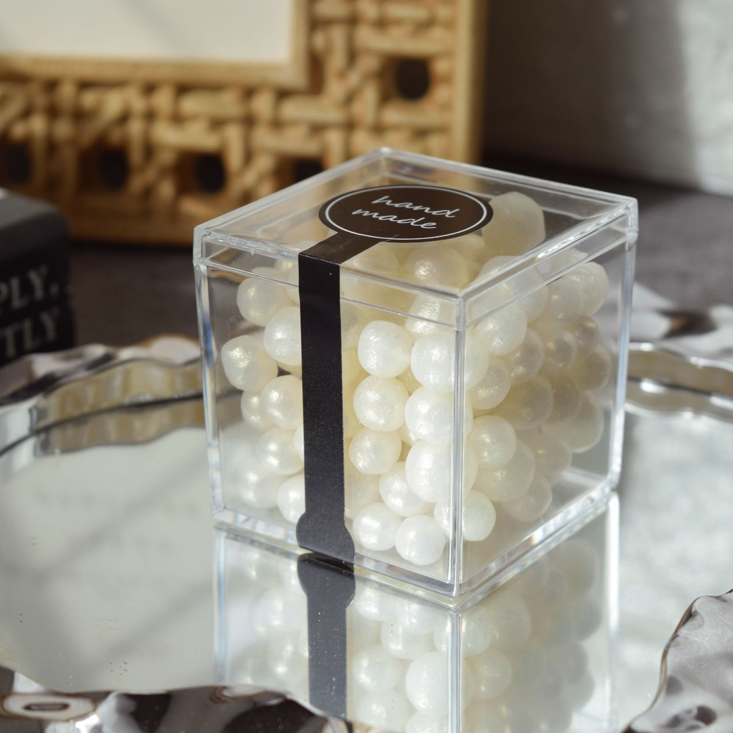 Pearl Beeswax Candle Pearls Gift Set Crystal Glass Jar, Refillable